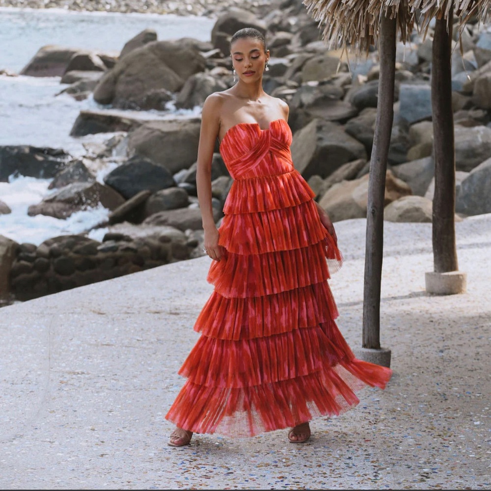 Anthropologie Red Tiered Strapless Maxi Dress